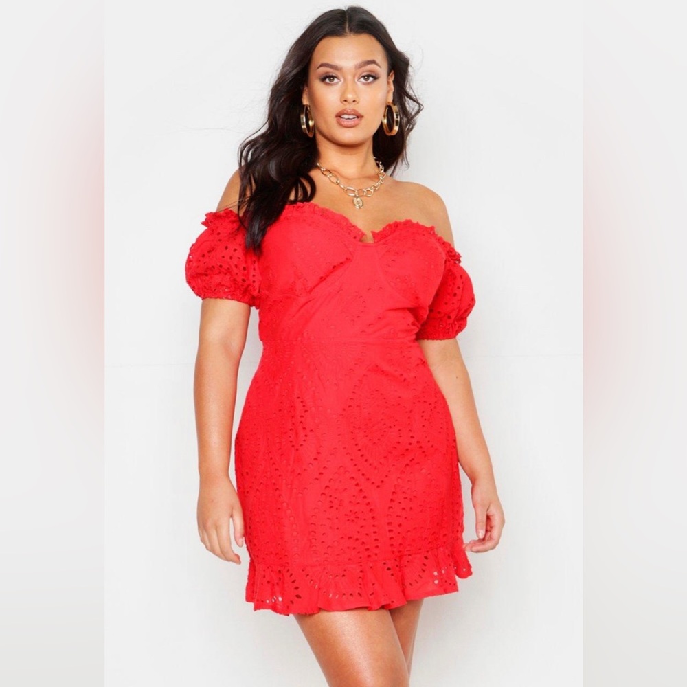 Plus Eyelet Embroidery Off Shoulder Mini Dress